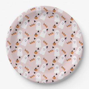 Prato De Papel Fantasma Cute de Halloween Laranja Confetes Rosa