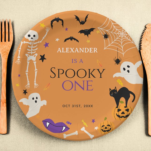 Prato De Papel Fantasma de Halloween de 1º Aniversário Laranja (Criador carregado)