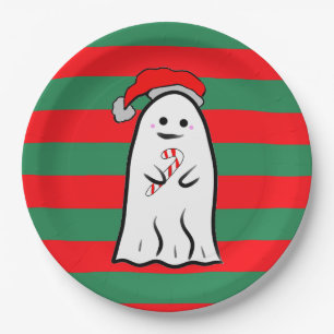 Prato De Papel Fantasma de Natal em Listras Vermelhas e Verdes