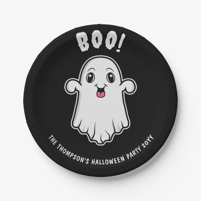 Prato De Papel Fantasma do Halloween Boo com Texto Personalizado  (Frente)