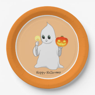 Prato De Papel Fantasma e Abóbora de Halloween Fofos em Laranja