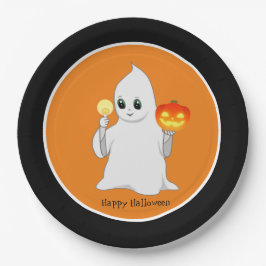Prato De Papel Fantasma e Abóbora de Halloween Fofos em Laranja e