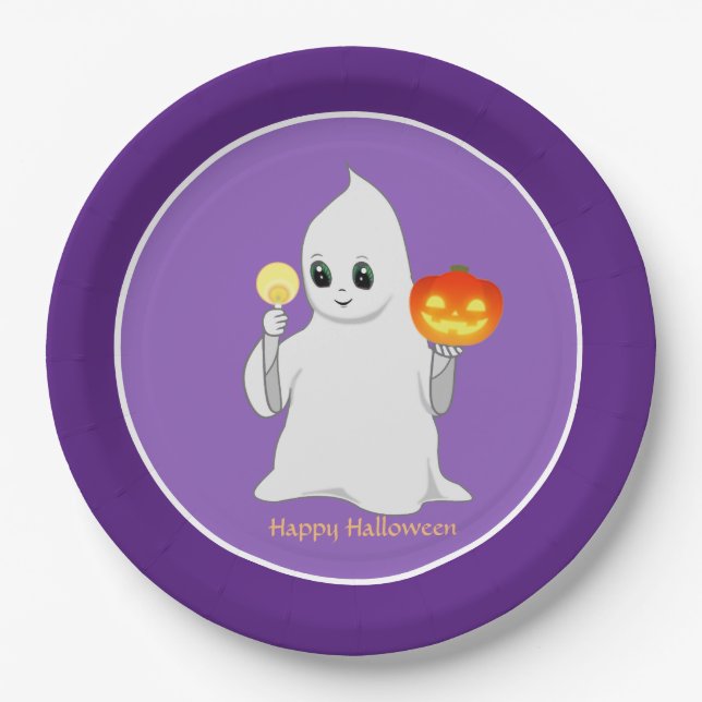 Prato De Papel Fantasma e Abóbora de Halloween Fofos em Roxo (Frente)