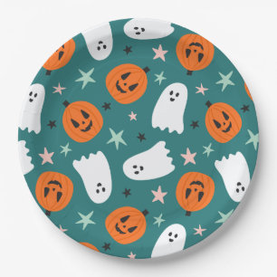 Prato De Papel Fantasma e Pumpkins no Halloween
