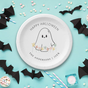 Prato De Papel Fantasma Floral de Halloween Fofo