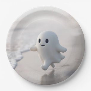 Prato De Papel Fantasma Fofo Correndo em uma Praia