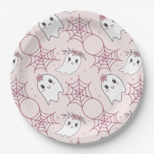 Prato De Papel Fantasma Rosa Pastel Padrão Halloween Kawaii