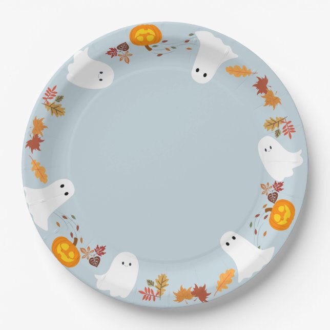 Prato De Papel fantasmas bonitos e abóboras de halloween (Frente)
