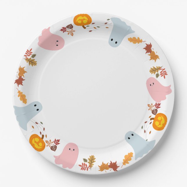 Prato De Papel Fantasmas e abóboras bonitos de halloween (Frente)