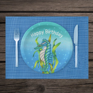 Prato De Papel Fantasy Aqua Blue Sea Dragon Horns Seaweed Bubbles