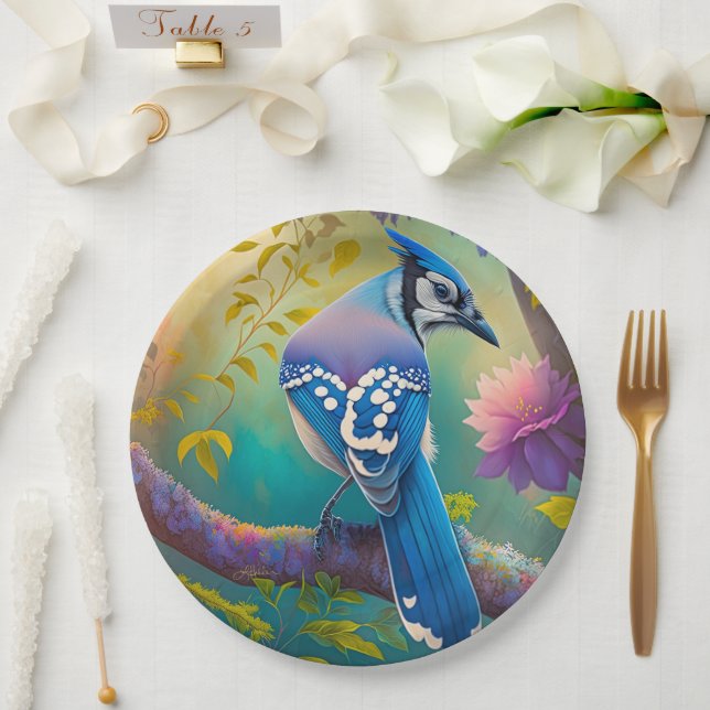 Prato De Papel Fantasy Birds Blue Jay (Casamento)
