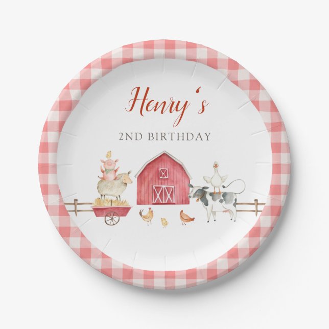 Prato De Papel Farm Animals & Red Barn Birthday Party Paper Plate (Frente)