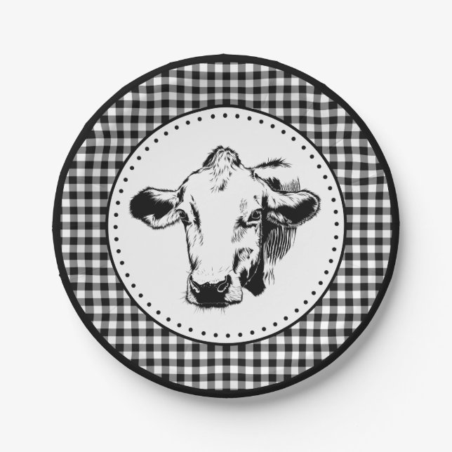 Prato De Papel Farmhouse Cow Gingham (Frente)