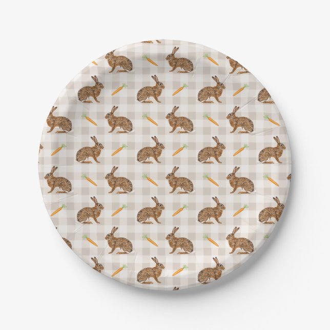 Prato De Papel Farmhouse Hares And Carrots Rustic Beige Gingham (Frente)