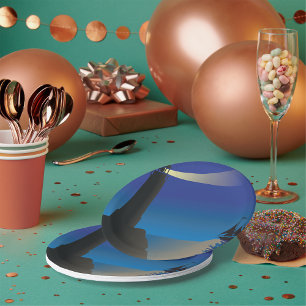 Prato De Papel Farol e veleiro no Oceano Luar Noturno