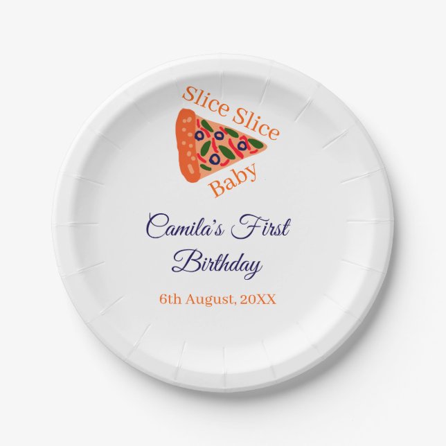 Prato De Papel Fatia Fatia Fatia pizza de bebê primeiro aniversar (Frente)