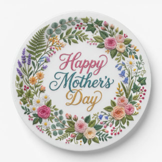 Prato De Papel Faux Embroidery Floral Happy Mother's Day