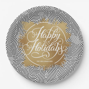 Prato De Papel Faux Faux Dourado Moderno Foil Happy Holidays Blac