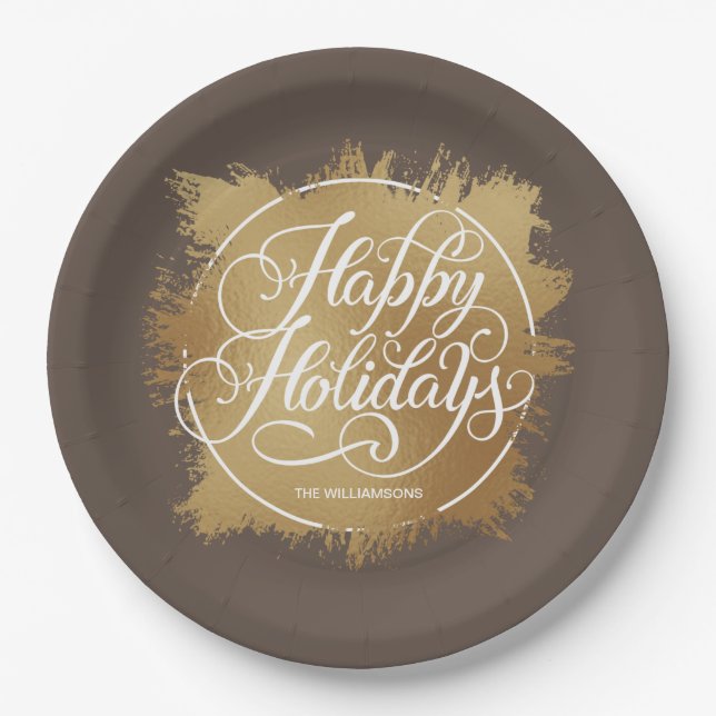 Prato De Papel Faux Foil Happy Holidations Dourado Brown (Frente)