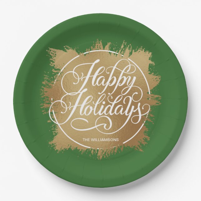 Prato De Papel Faux Foil Happy Holidays Dourado Verde (Frente)