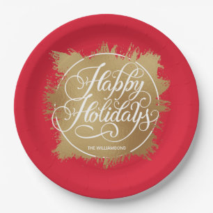 Prato De Papel Faux Foil Happy Holidays Dourado Vermelho
