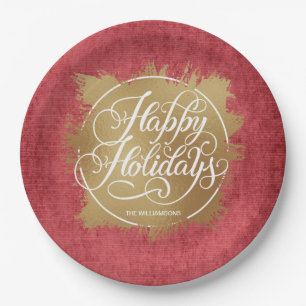 Prato De Papel Faux Foil Happy Holidays Dourado Vermelho