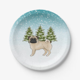 Prato De Papel Fawn Pug Cute Cartoon Dog Snowy Winter Forest