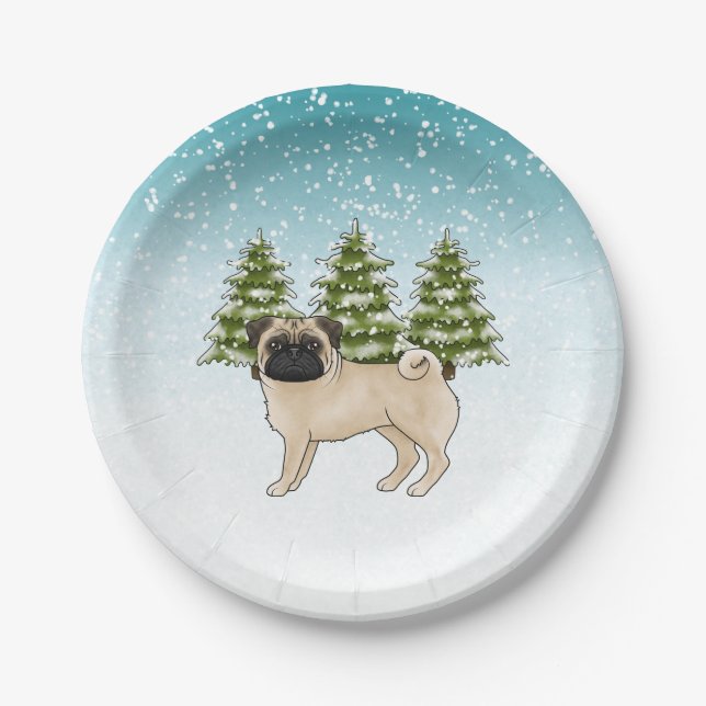 Prato De Papel Fawn Pug Cute Cartoon Dog Snowy Winter Forest (Frente)