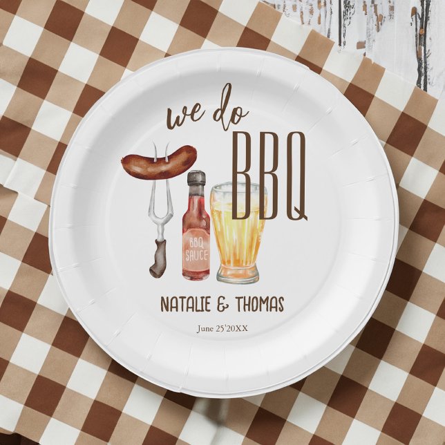 Prato De Papel Fazemos chá de casais de chás de panela de churras (We do BBQ barbecue bridal shower couples shower monogrammed Paper Plates personalized table decor)