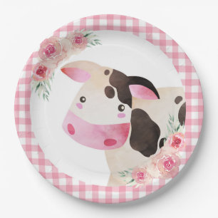 Prato De Papel Fazenda de Vaca Floral Rosa Gingham
