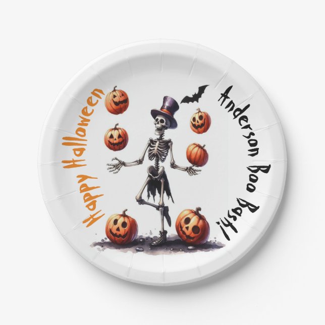 Prato De Papel Fazendo malabarismo do Skeleton Halloween (Frente)