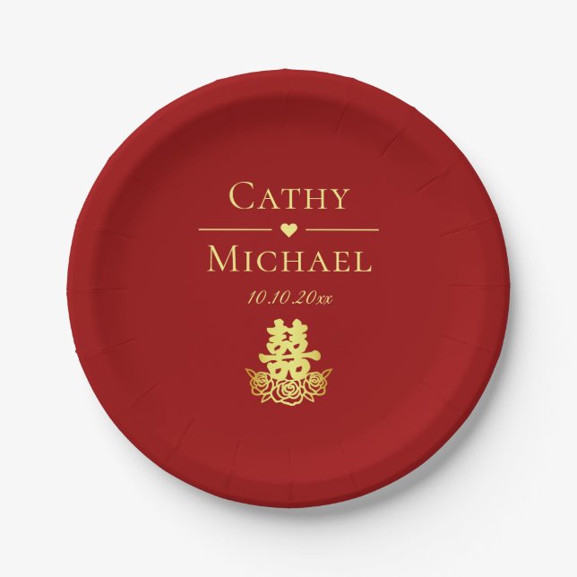 Prato De Papel Felicidade dupla elegante rosa do casamento chinês (Frente)