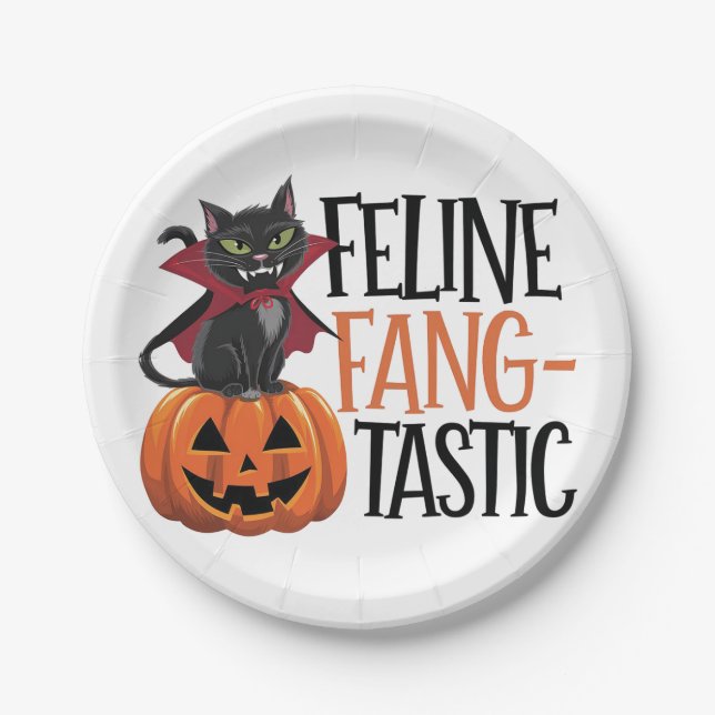 Prato De Papel Feline Fang-tastic Halloween Vamire Cat Design (Frente)