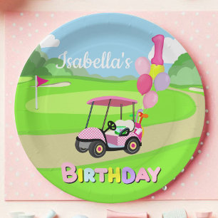 Prato De Papel Feliz 1º Aniversário Pink Polka Dot Menina Golfe