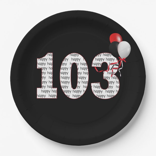 Prato De Papel Feliz 103º Aniversário Em Papel Preto (Frente)