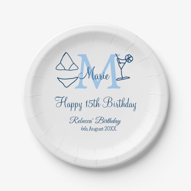 Prato De Papel Feliz 15 de Aniversário azul adicione nome monogra (Frente)