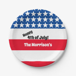 Prato De Papel Feliz 4 de julho American Flag Add Family Name Pa
