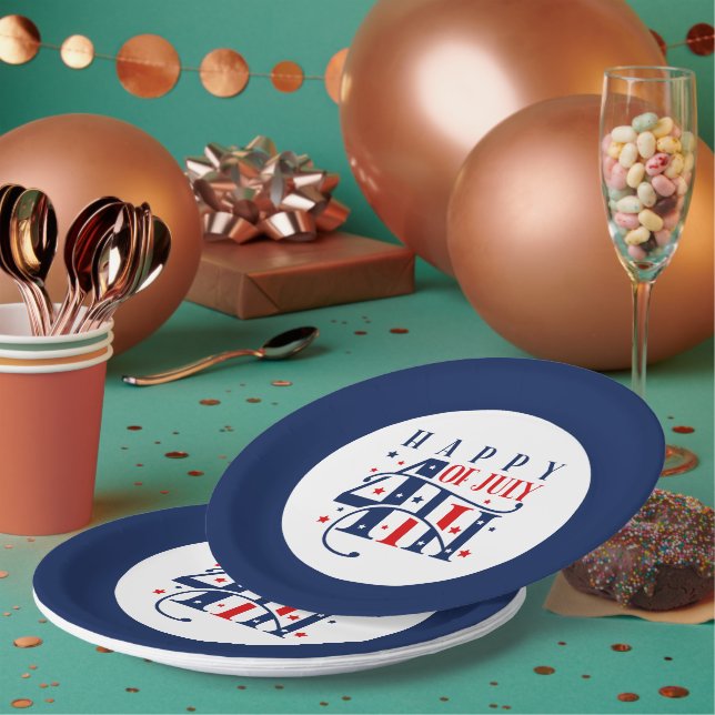 Prato De Papel Feliz 4 de julho Vermelho Branco e Azul (Múltiplo)