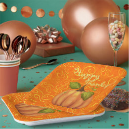 Prato De Papel Feliz Ação de Graças Laranja e Amarelo Redemoinhos