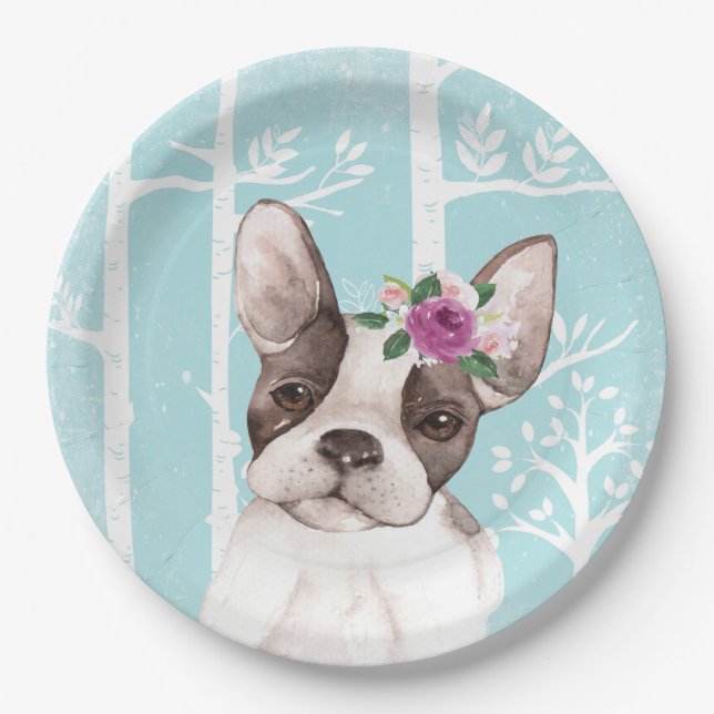 Prato De Papel Feliz Animal com Flores em Floresta Azul-Cão-Cacho (Frente)