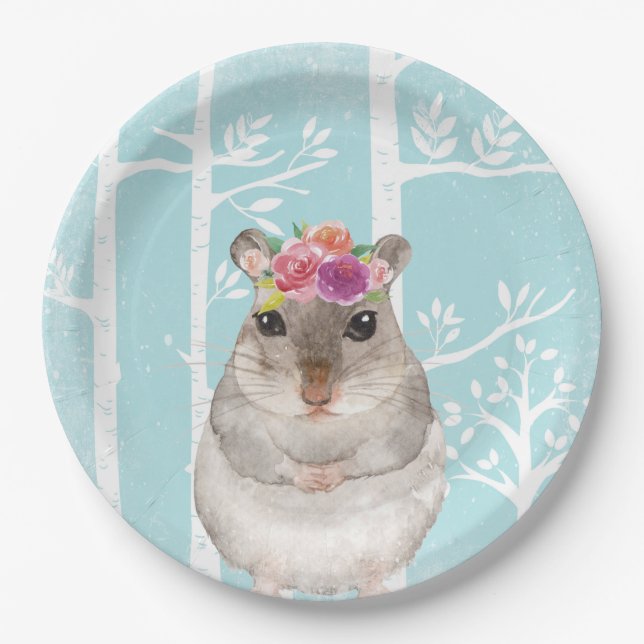 Prato De Papel Feliz Animal com Flores em Floresta Azul-Hamster (Frente)