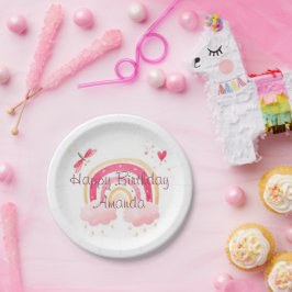 Prato De Papel Feliz aniversário, arco-íris rosa, personalizado