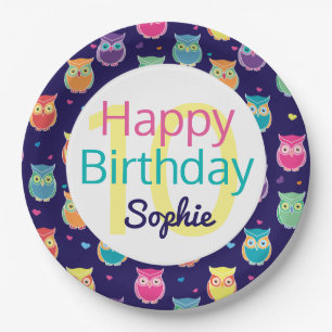 Prato De Papel Feliz Aniversário Azul Coruja Padrão Personalizado