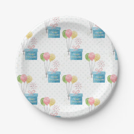 Prato De Papel Feliz Aniversário Balões e Caixa do Presente