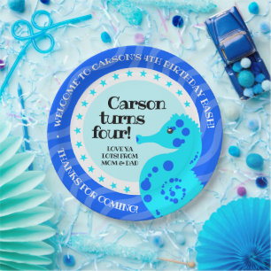 Prato De Papel Feliz Aniversário Bonito Cavalo Azul nas Ondas