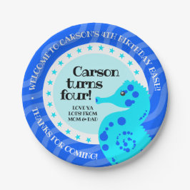 Prato De Papel Feliz Aniversário Bonito Cavalo Azul nas Ondas