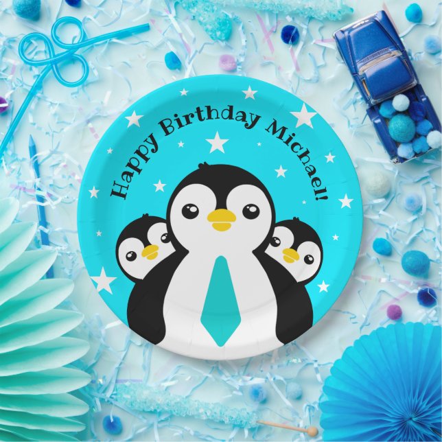Prato De Papel Feliz Aniversário Bonito Pinguins Pescoços Azuis (Festa)