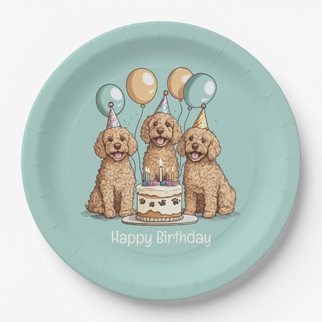 Prato De Papel Feliz Aniversário Cachorros de Goldendoodle (Frente)