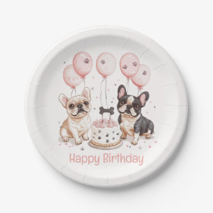 Prato De Papel Feliz Aniversário Cachorros Franceses Brancos Aniv