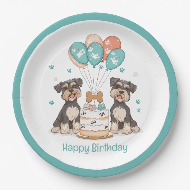 Prato De Papel Feliz Aniversário Cães Schnauzer (Frente)
